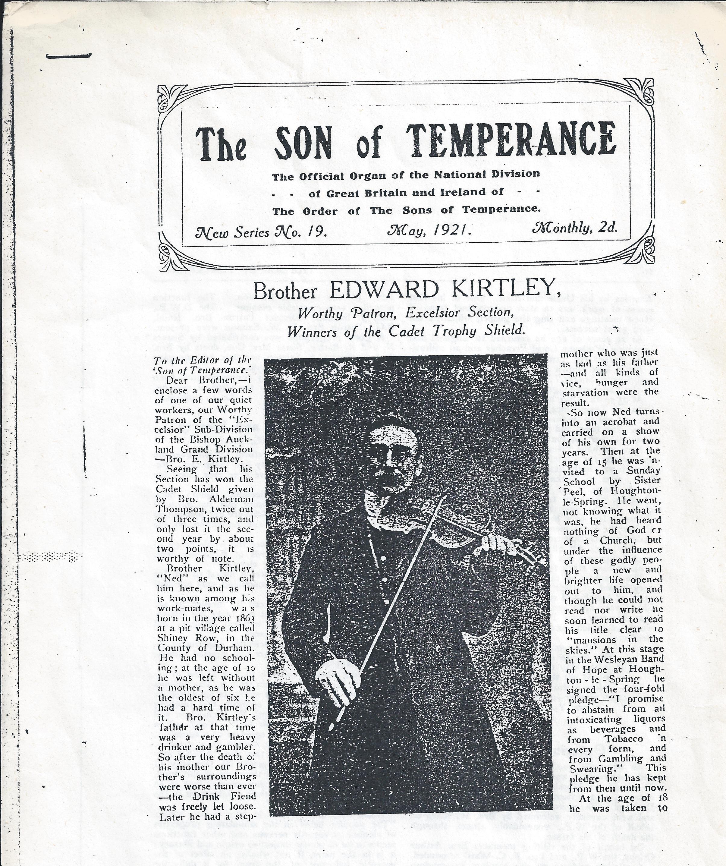 Front cover of Son of Temperance magazine 1921 featuring Granda Kirtley